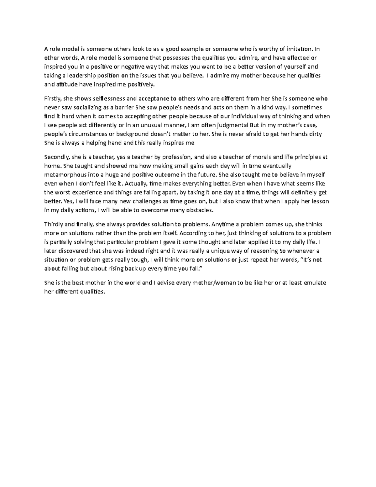 Essay: My Role Model - Lessons from My Mother's Wisdom - Studocu