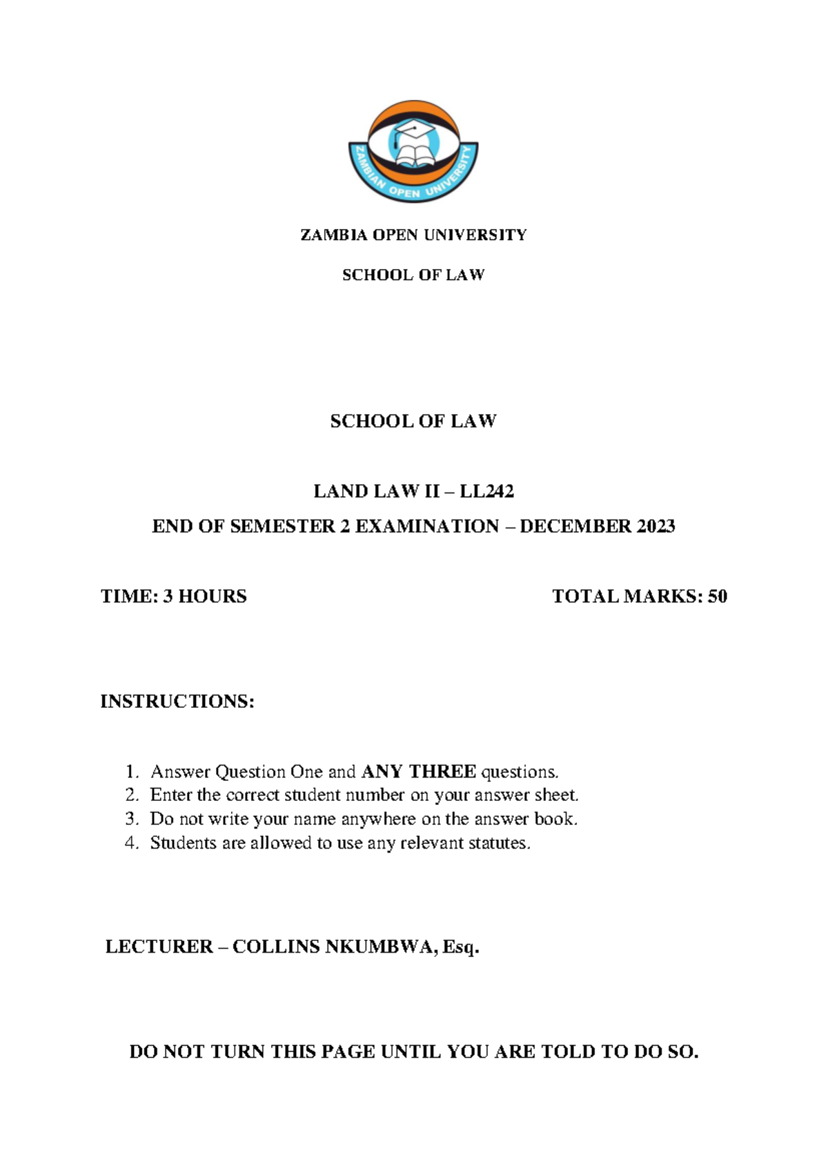 LAND LAW II - End of Semester Examination Paper - Dec 2023 - Studocu