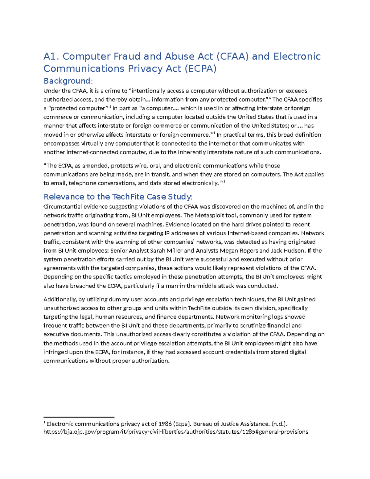 IHP4 Task 1 Legal Analysis - A1. Computer Fraud and Abuse Act (CFAA ...