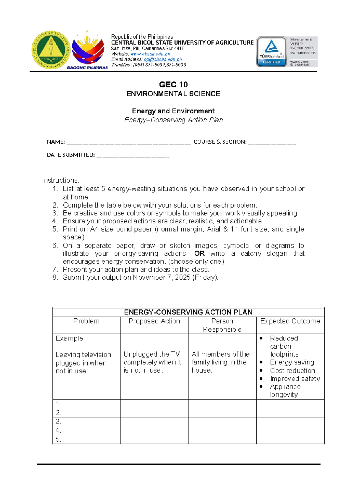 GEC 10 Environmental Science: Energy Conservation Action Plan - Studocu