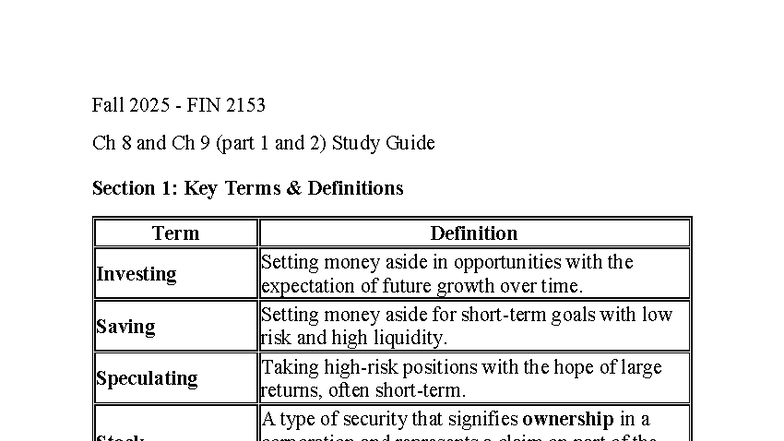 Fall 2025 FIN 2153 Exam 3 Study Guide: Chapters 8 & 9 Key Concepts ...