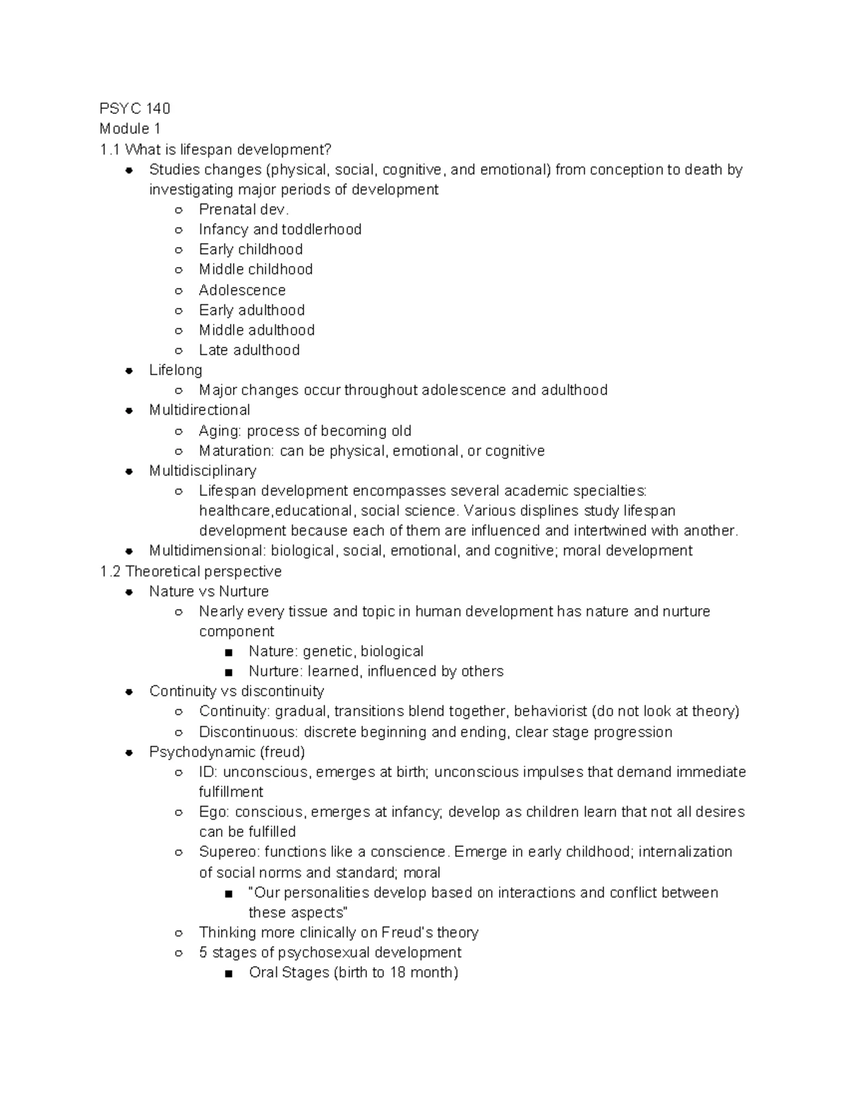 PSYC140 - M1 NOTE - Module 1 note - M1. Lifespan Development Studies ...
