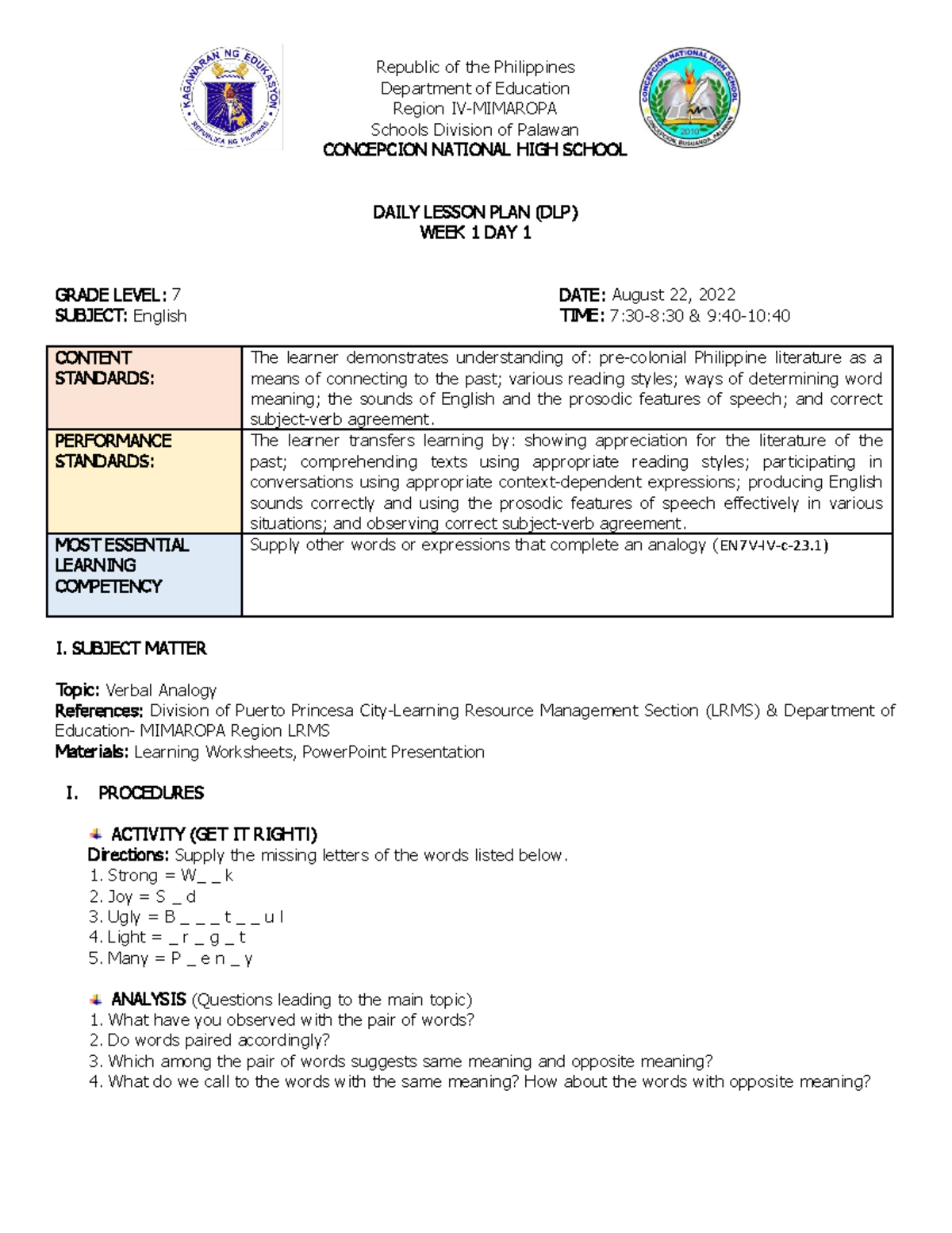 Grade 7 English Lesson Plan: Verbal Analogy (Week 1 Day 1) - Studocu