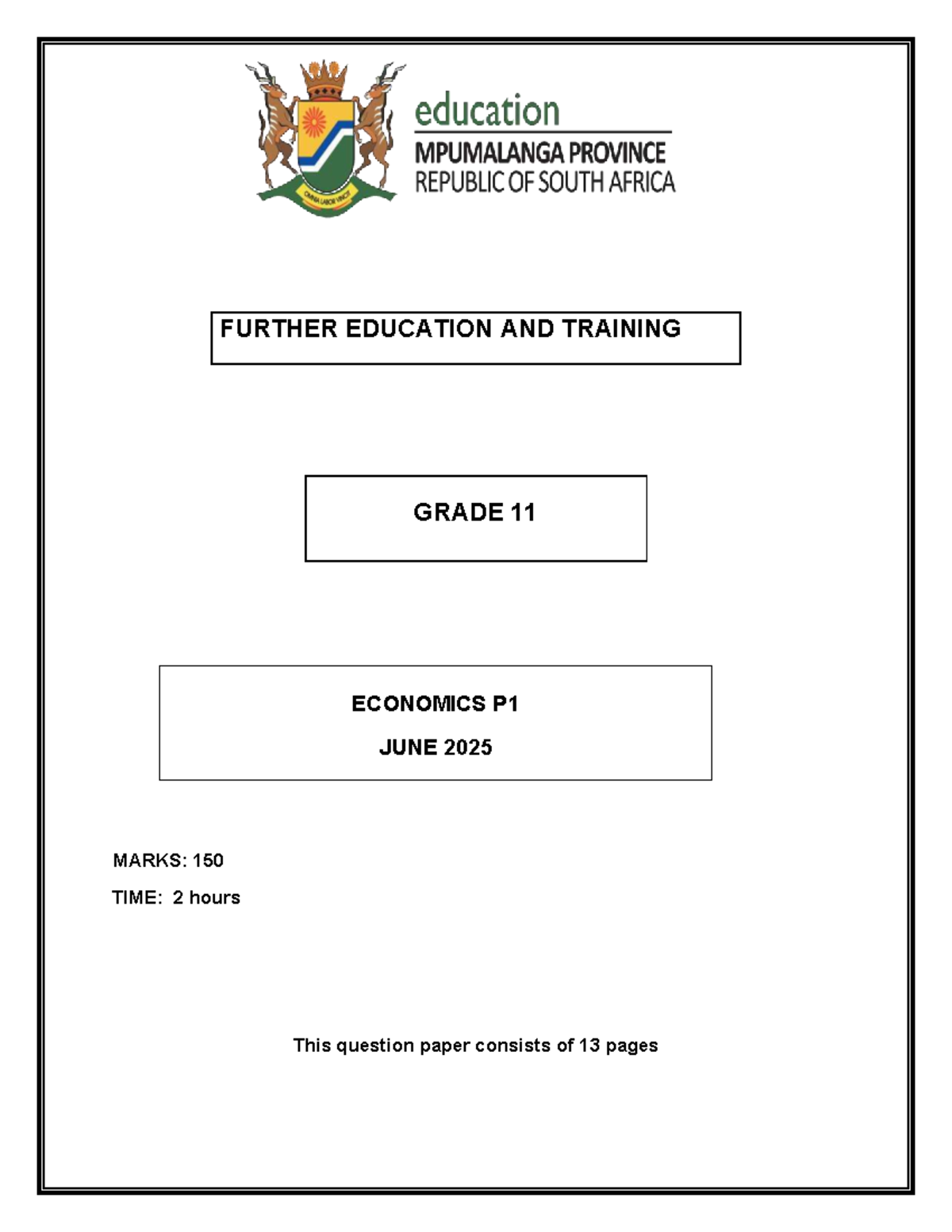 ECON 11 P1 June 2025 Question Paper: Final Exam Guide - Studocu