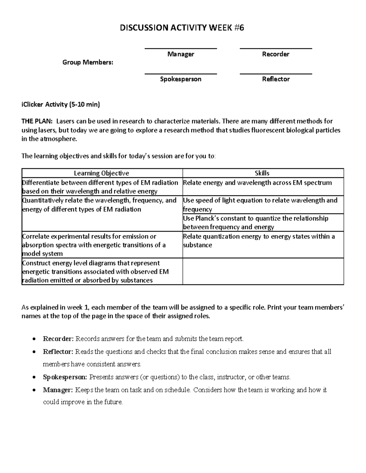 Discussion Worksheet Week 6 - DISCUSSION ACTIVITY WEEK # 6 Group ...