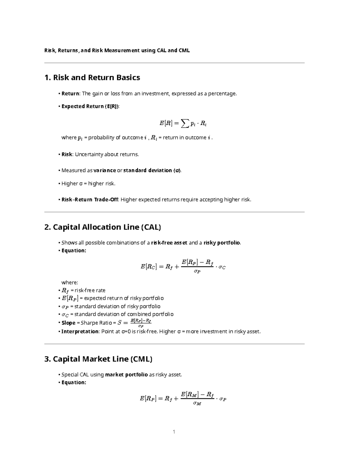 Risk and Return: CAL & CML Notes for Finance 101 - Studocu