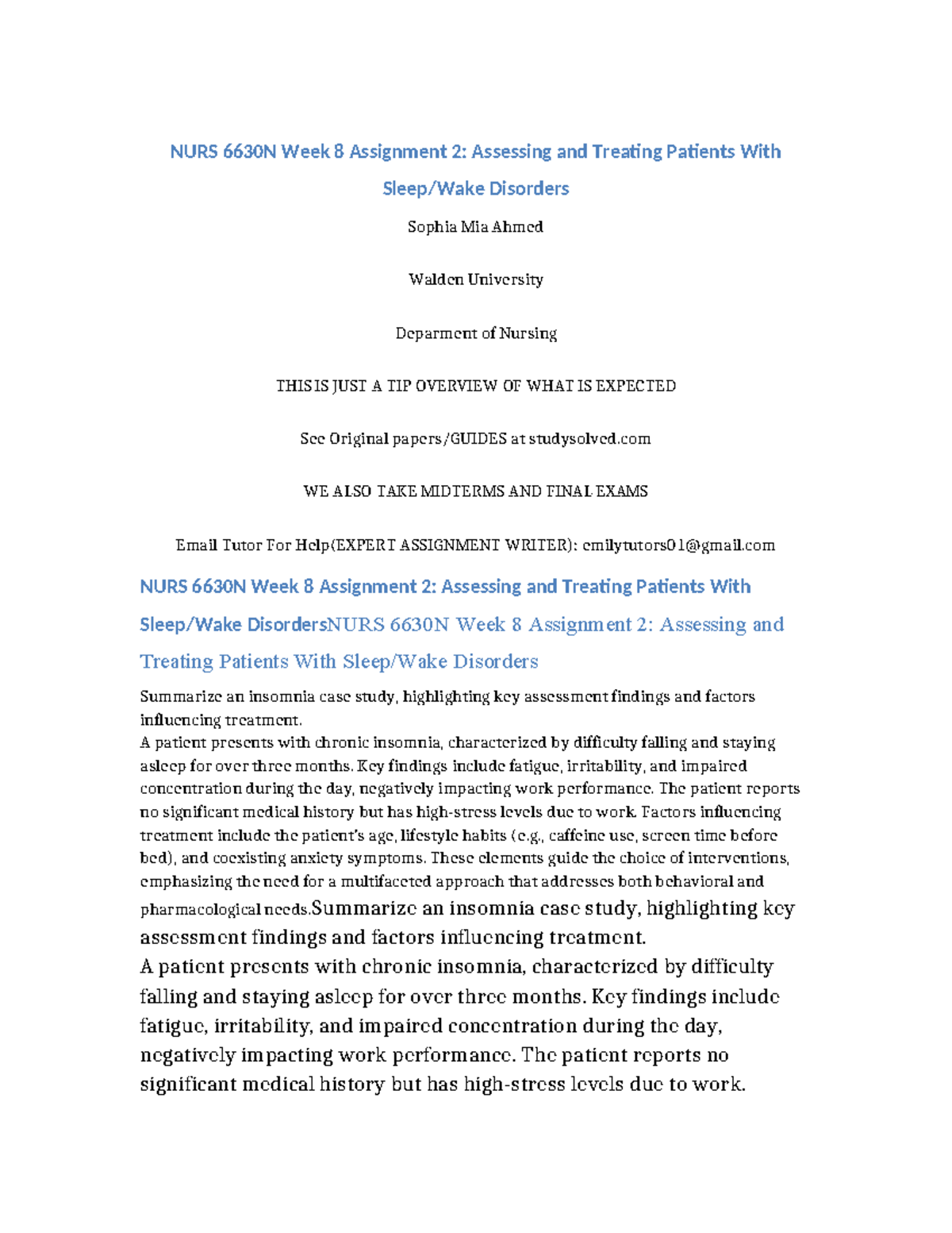 NURS 6630N Week 8 Assignment 2: Assessing Sleep/Wake Disorders and ...