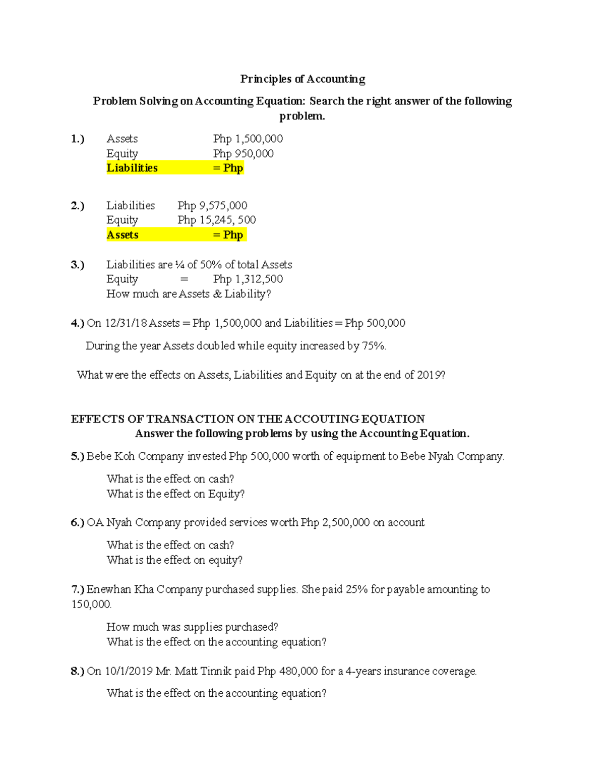 Accounting EQ Quiz: Problem Solving & Transactions Analysis - Studocu