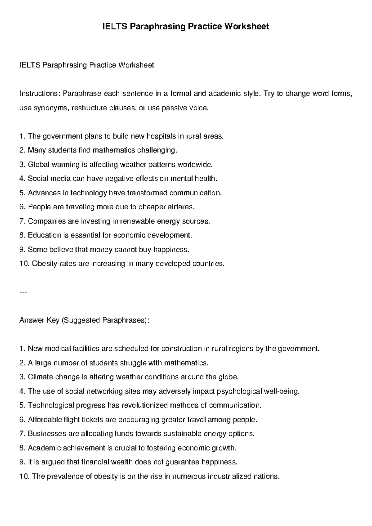 IELTS Paraphrasing Practice Worksheet: Academic Sentence Rewrites - Studocu