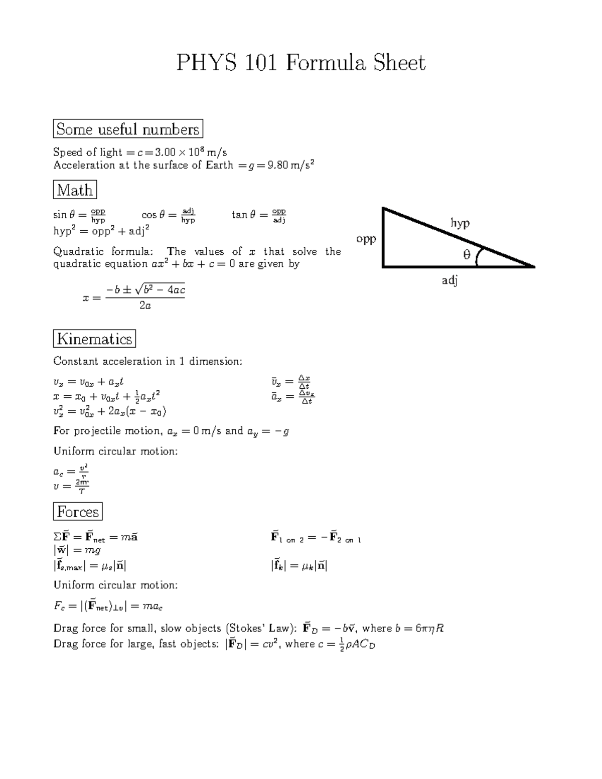 PHYS 101 Midterm 1 Formula Sheet: Key Equations & Concepts - Studeersnel