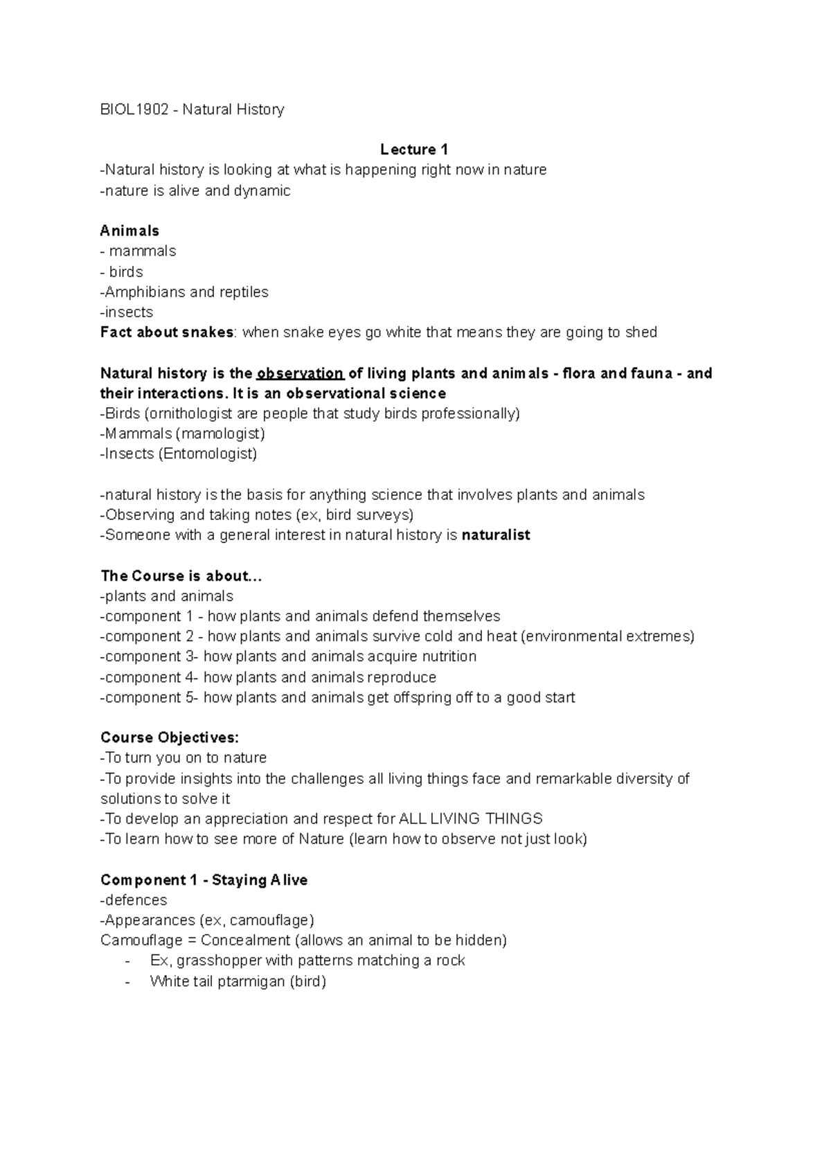 BIOL1902 - Notes for bio 1902 - BIOL1902 - Natural History Lecture 1 ...