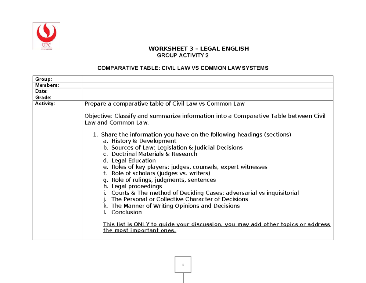 04 02 Worksheet 3: Comparative Table of Civil Law vs Common Law - Studocu