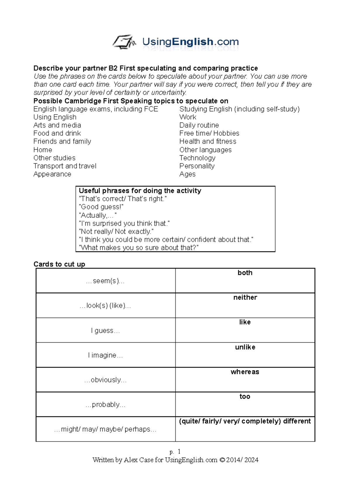 FCE B2 First Speaking: Phrases for Speculating & Comparing - Studocu