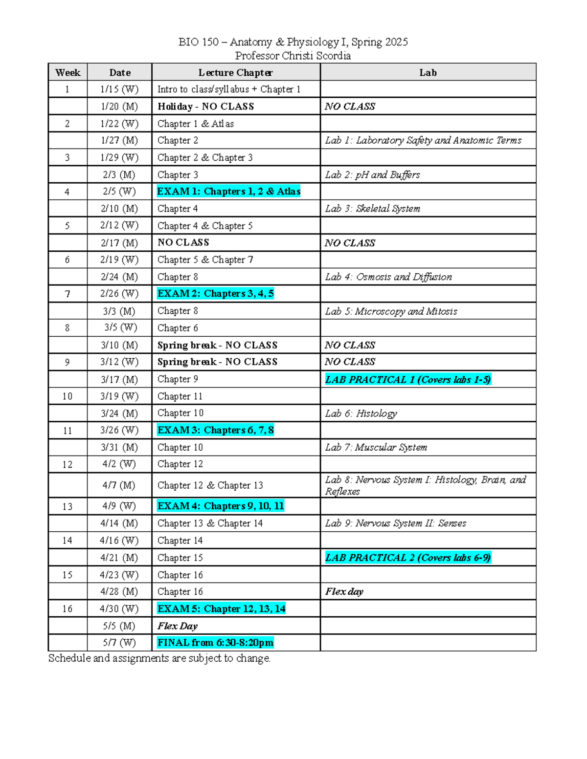 BIO 150 – Anatomy & Physiology I Lecture & Lab Schedule, Spring 2025 ...