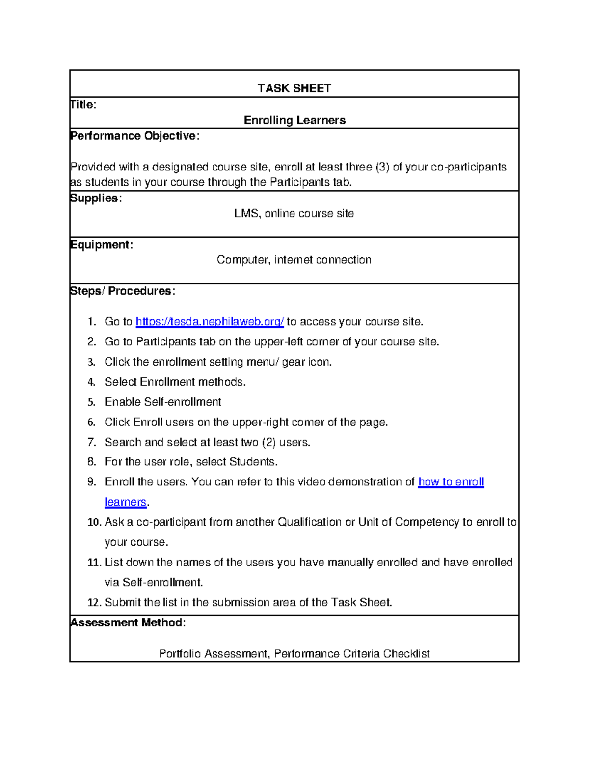 TASK Sheet: Enroll Learners - Facilitate eLearning - Studocu