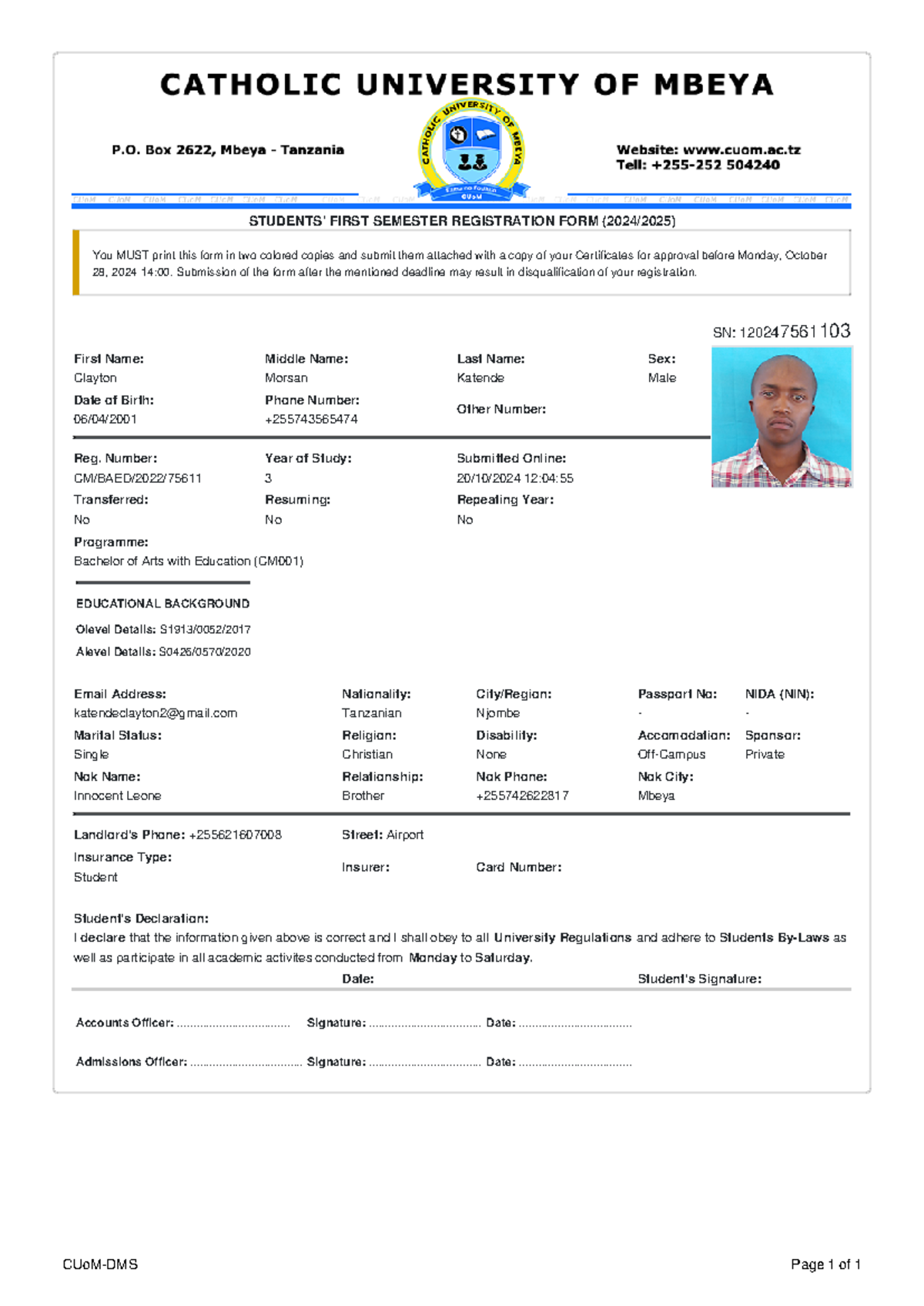 Reg Form CM BAED 2022 75611 - CUoM-DMS Page 1 of 1 STUDENTS' FIRST ...