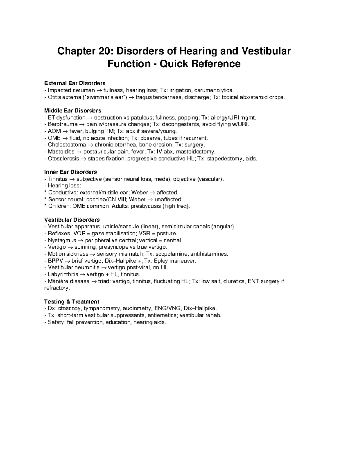 Chapter 20: Quick Reference on Hearing & Vestibular Disorders - Studocu