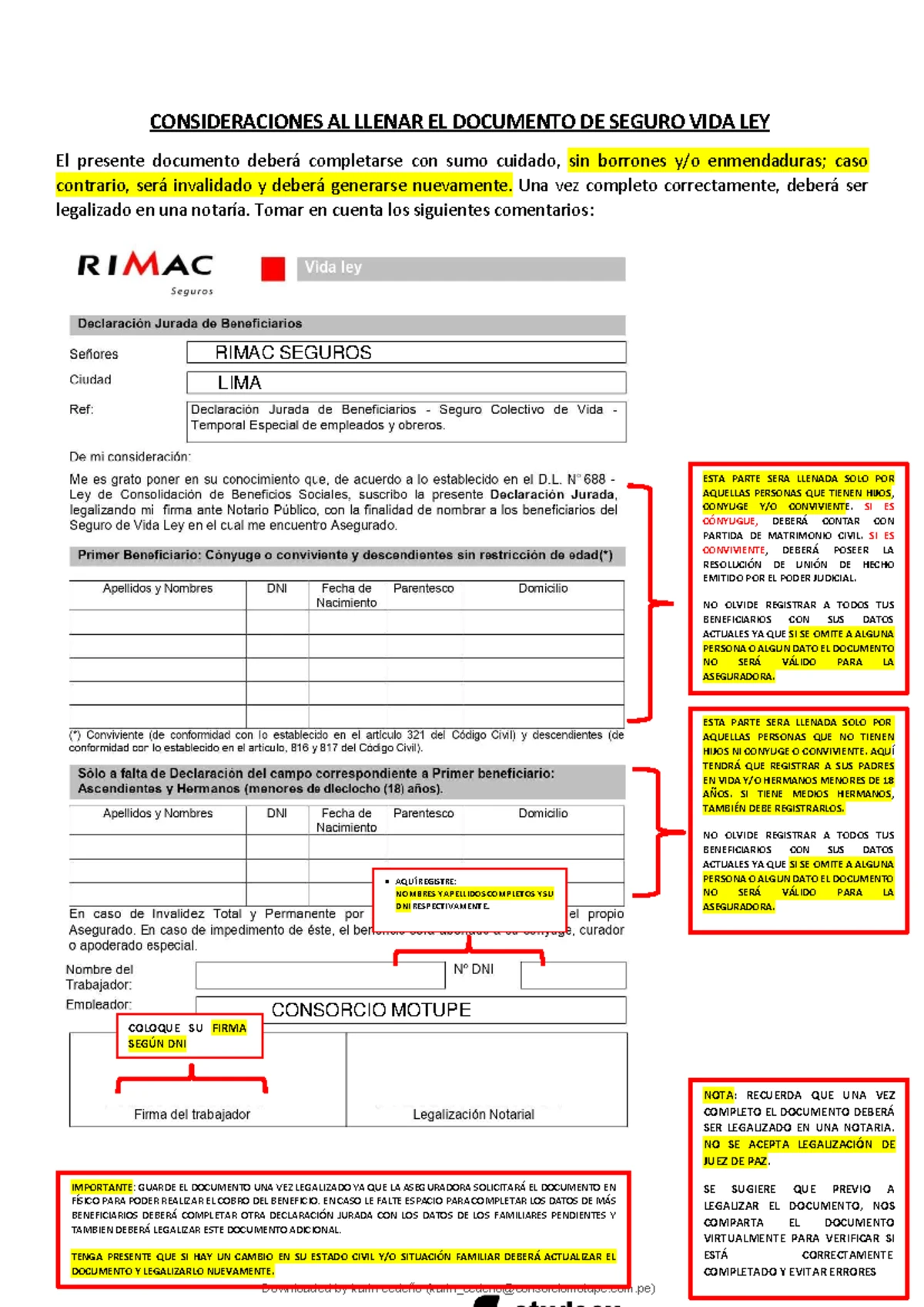 Formato Declaración Jurada de Beneficiarios Vida Ley RIMAC 2011 - Studocu