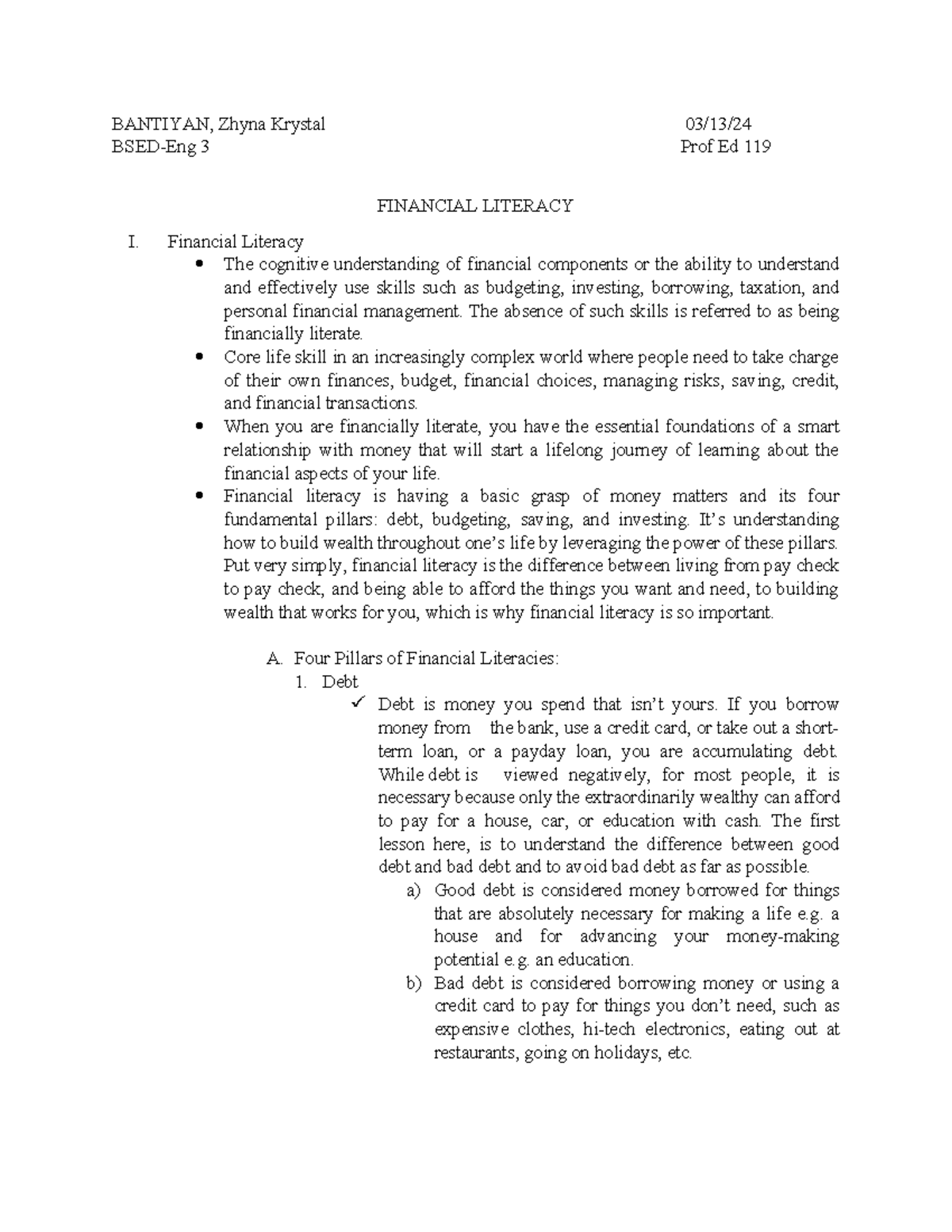 Financial Literacy Overview - BSED-Eng 3 Prof Ed 119 Study Notes - Studocu