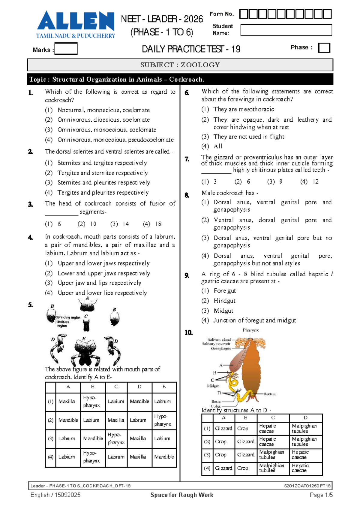 SC 6201ZOAT0125 DPT-19: Daily Practice Test on Cockroach Structure ...