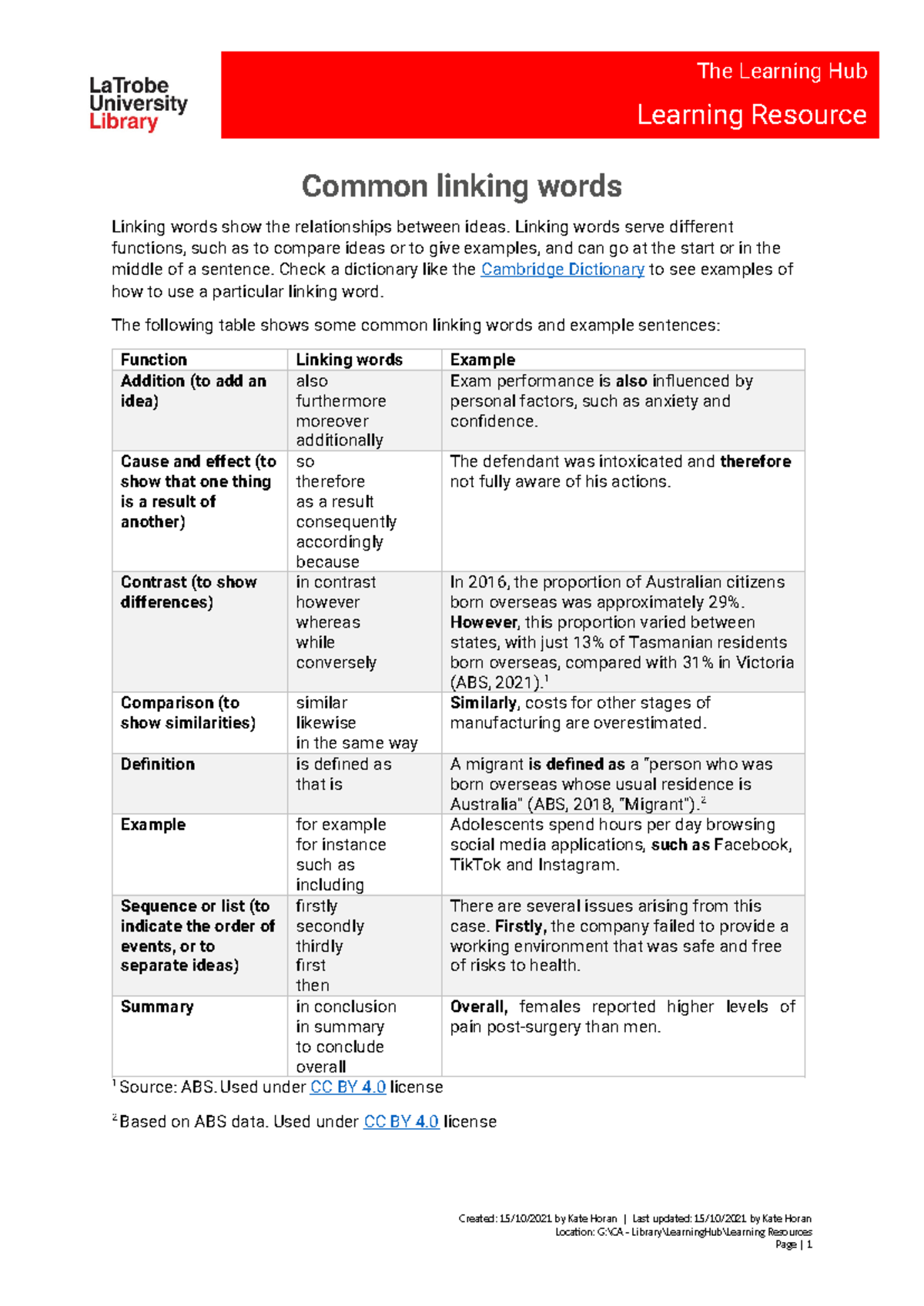 Common linking words - sfs - The Learning Hub Learning Resource Common ...