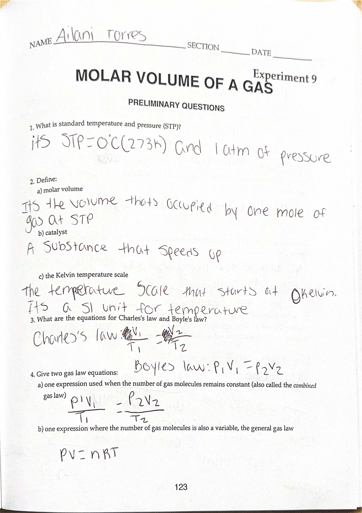 MOL 101: Molar Volume of a Gas - Experiment 9 Notes - Studocu
