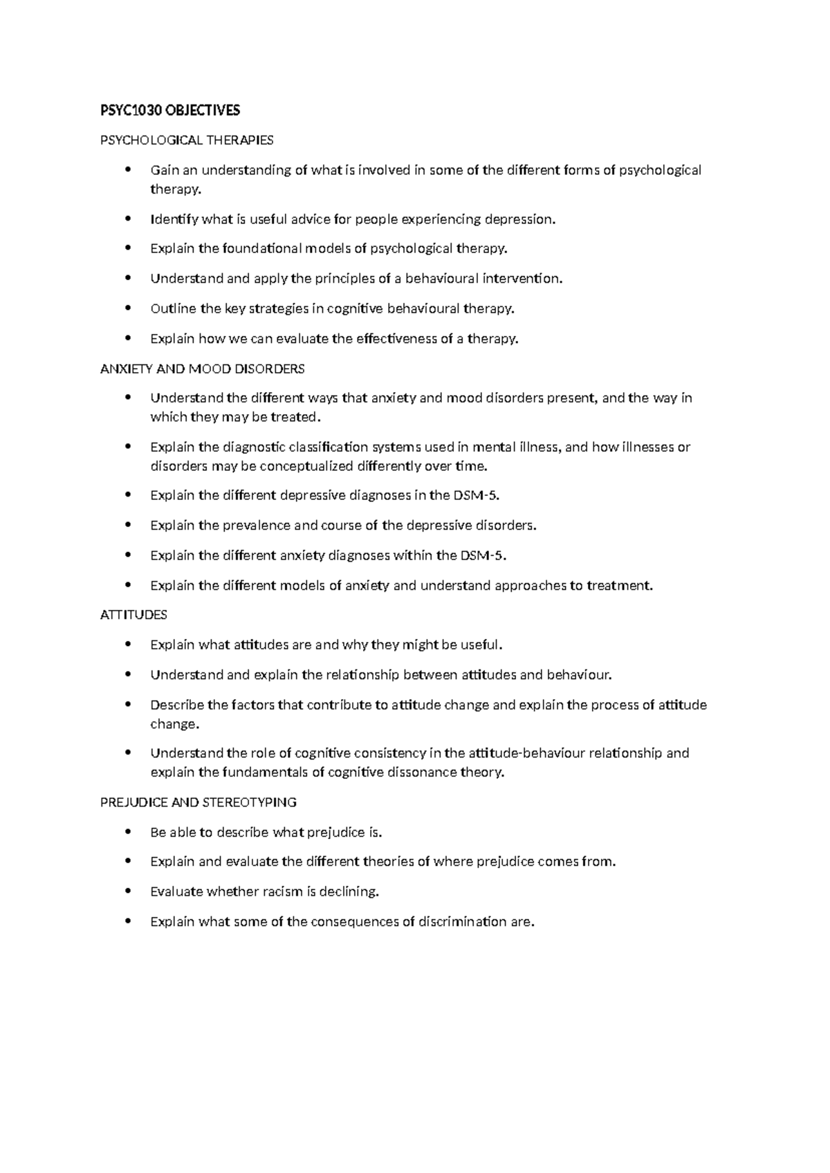 PSYC1030 Objectives - PSYC1030 OBJECTIVES PSYCHOLOGICAL THERAPIES Gain ...