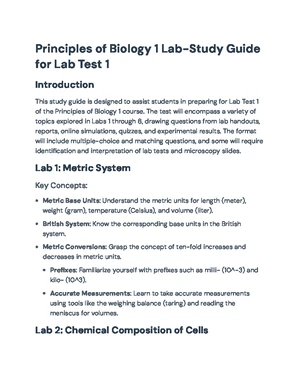 BIO 101 Principles of Biology 1 Lab - Study Guide for Lab Test 1 - Studocu