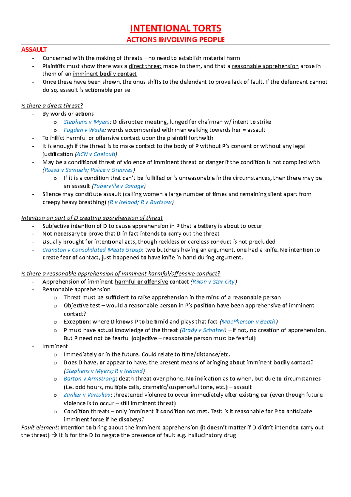 LLB2240 Law of Torts Exam Notes (2020) - LLB 240 - UOW - Studocu