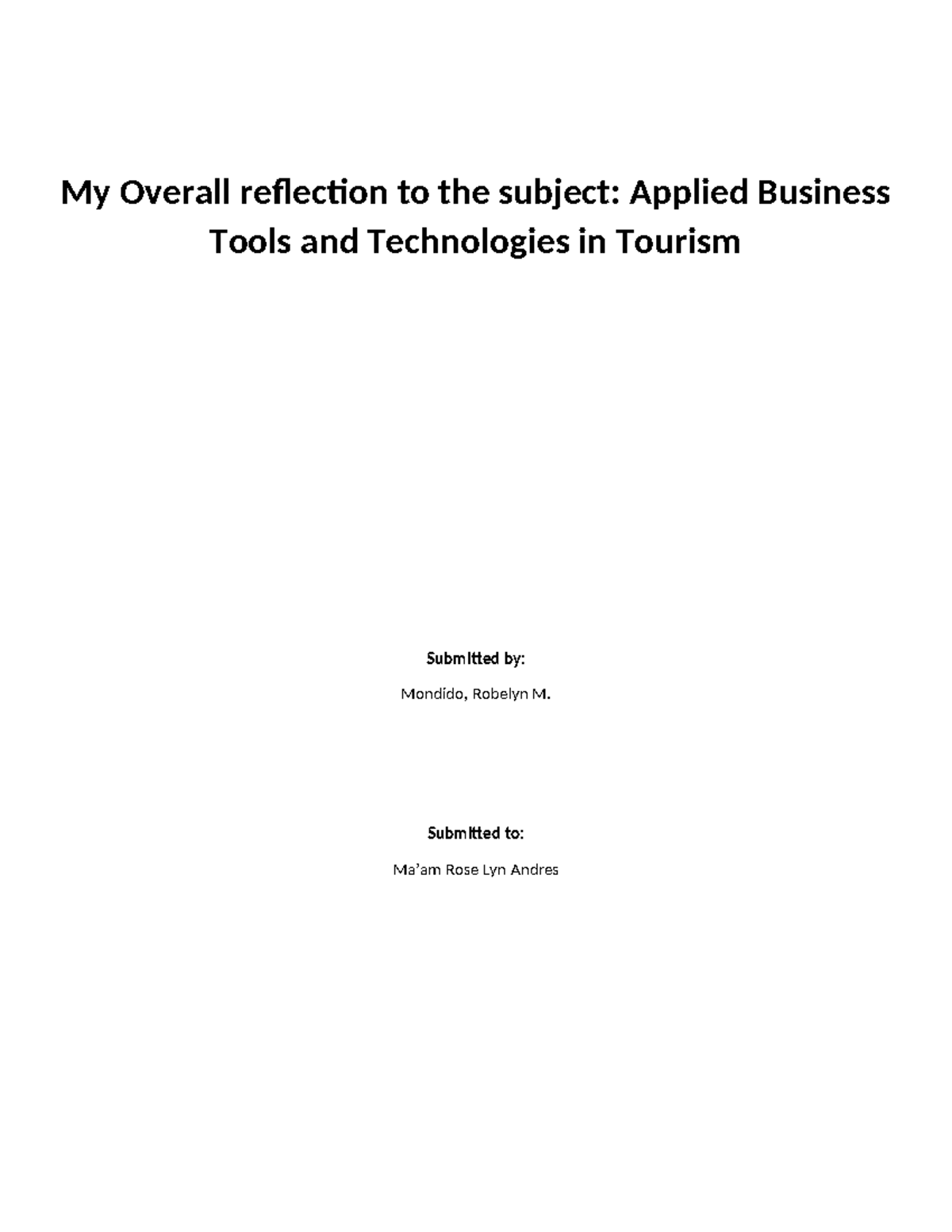 ABT 101: Applied Final Reflection on Business Tools in Tourism - Studocu