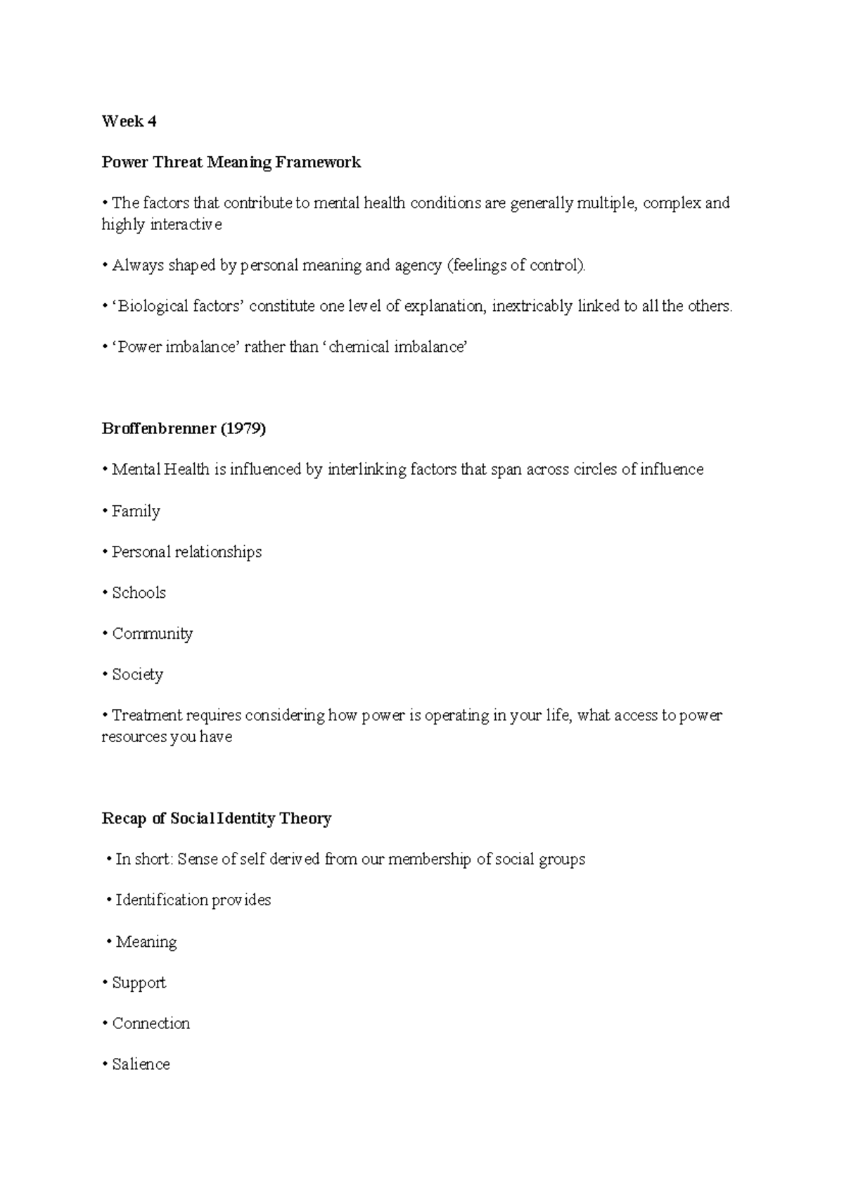 Week 4 notes - Week 4 Power Threat Meaning Framework The factors that ...