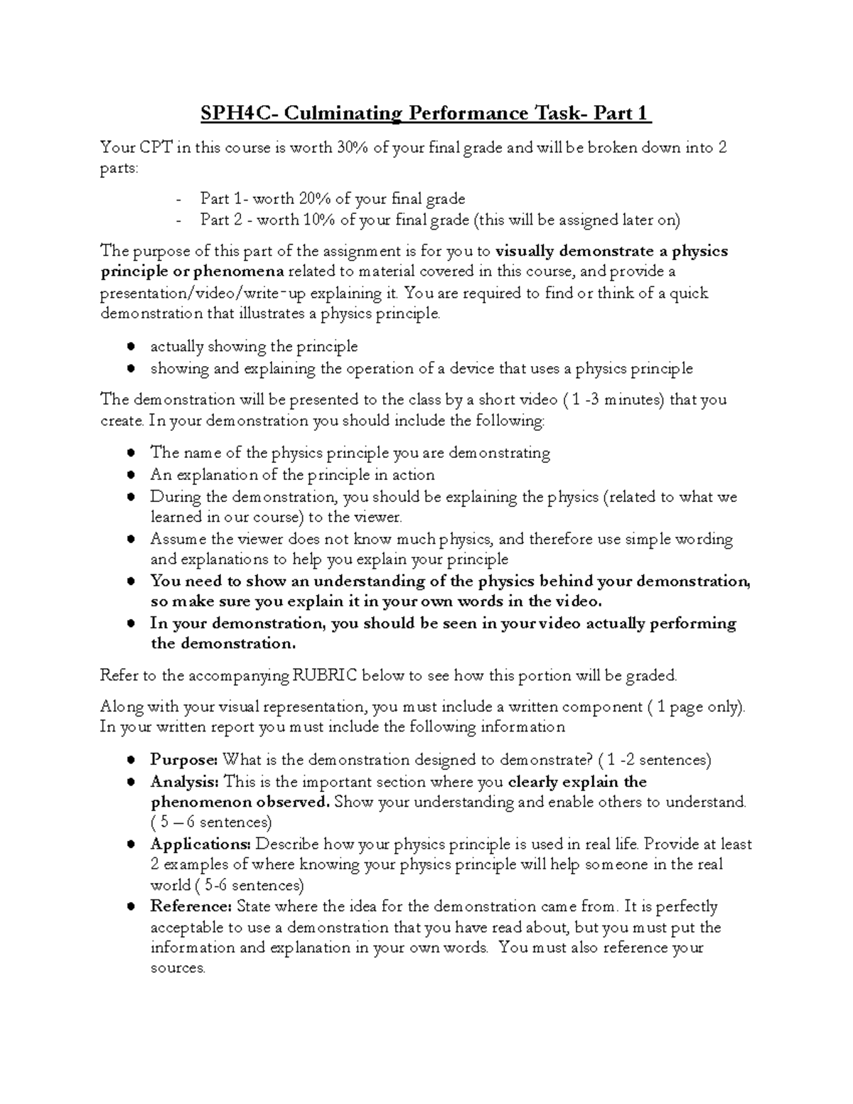 SPH4C - Culminating Performance Task: Physics Demonstration Part 1 ...