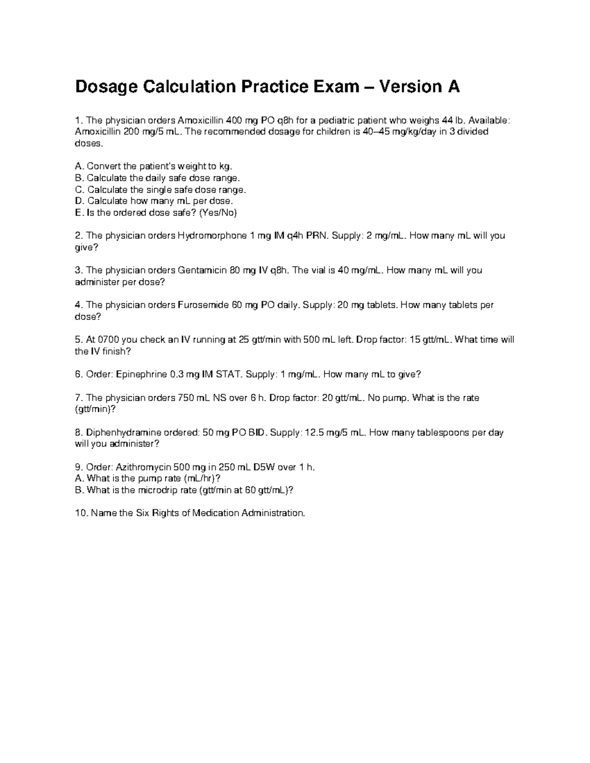 Dosage Calculation Practice Exam Packet A & B - Studocu