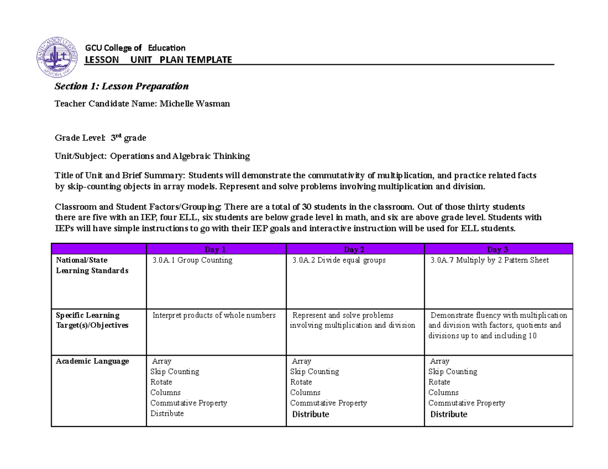 GCU ED 3rd Grade Lesson Plan: Operations & Algebraic Thinking Unit ...