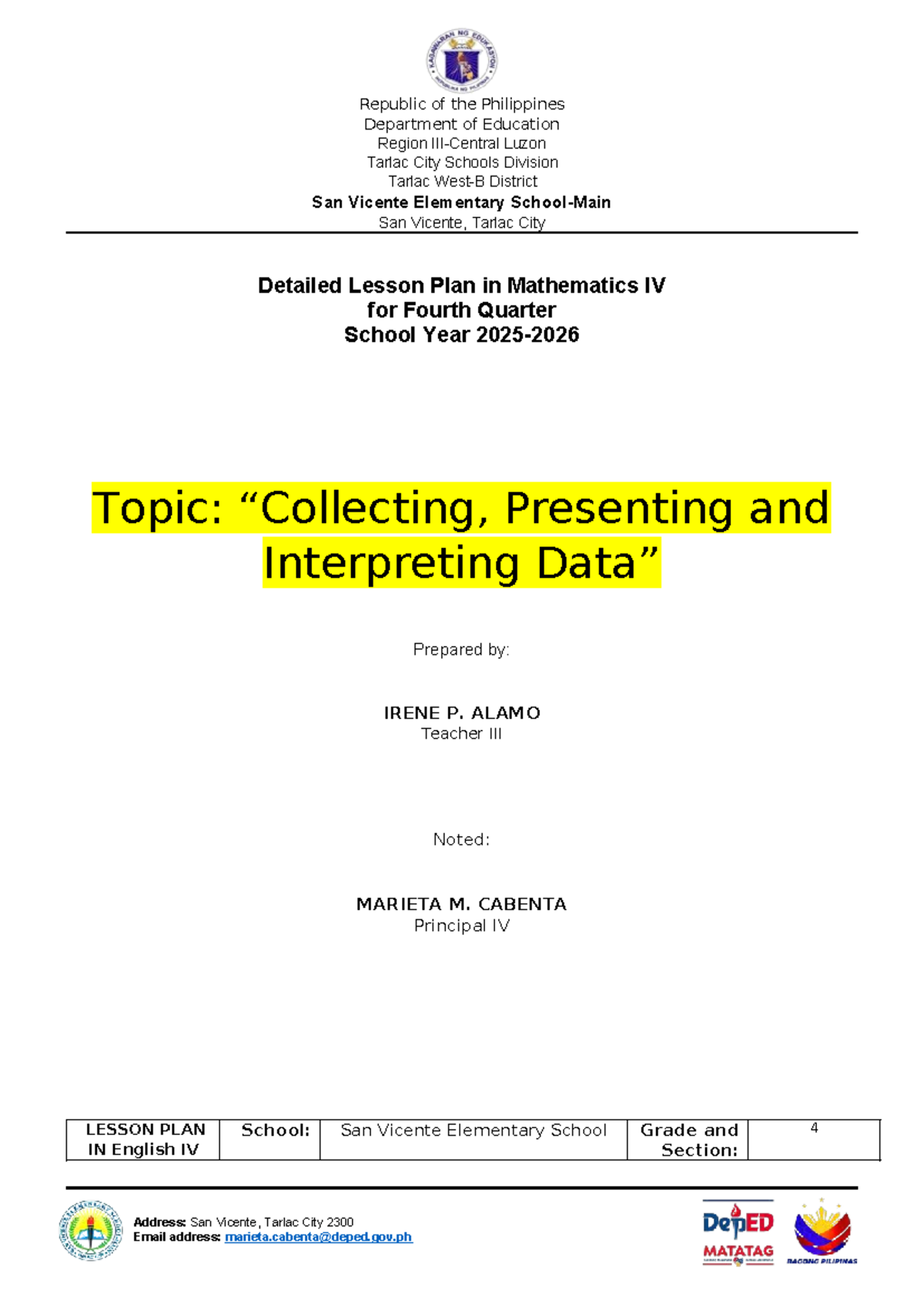 Detailed Lesson Plan in MATH 4: Presenting & Interpreting Data - Studocu