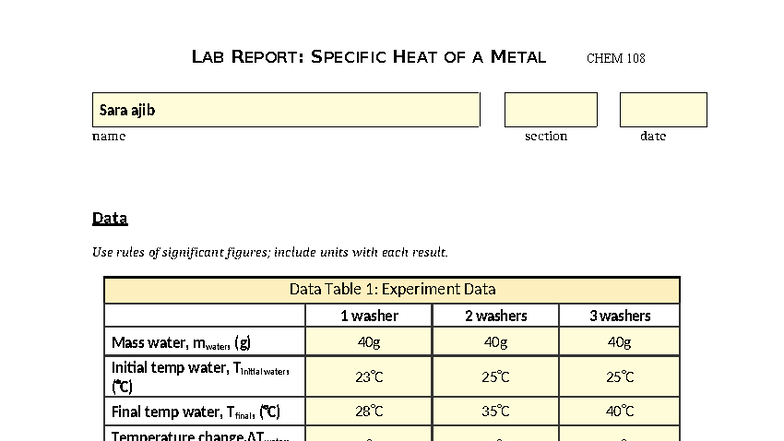 Lab Report: Specific Heat of Metal for CHEM 108 Experiment - Studocu