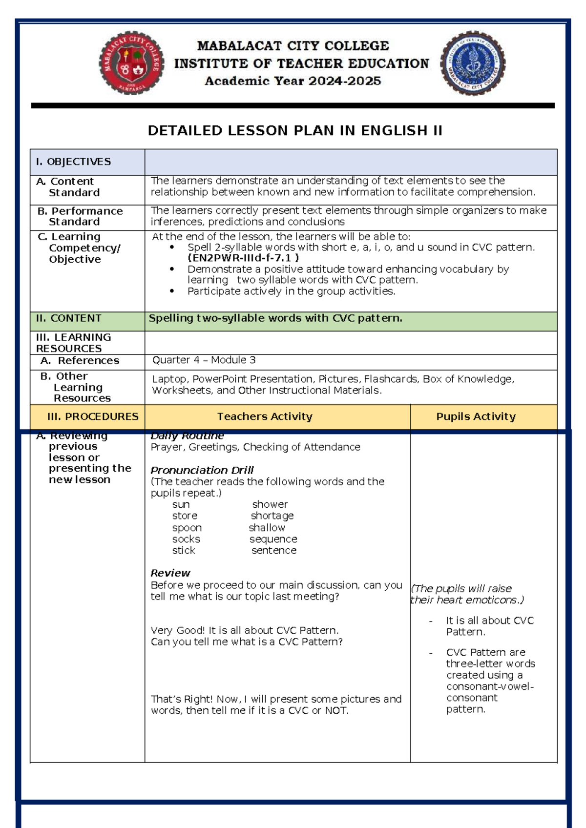 Final Demo Lesson Plan for English II: CVC Pattern Focus - Studocu