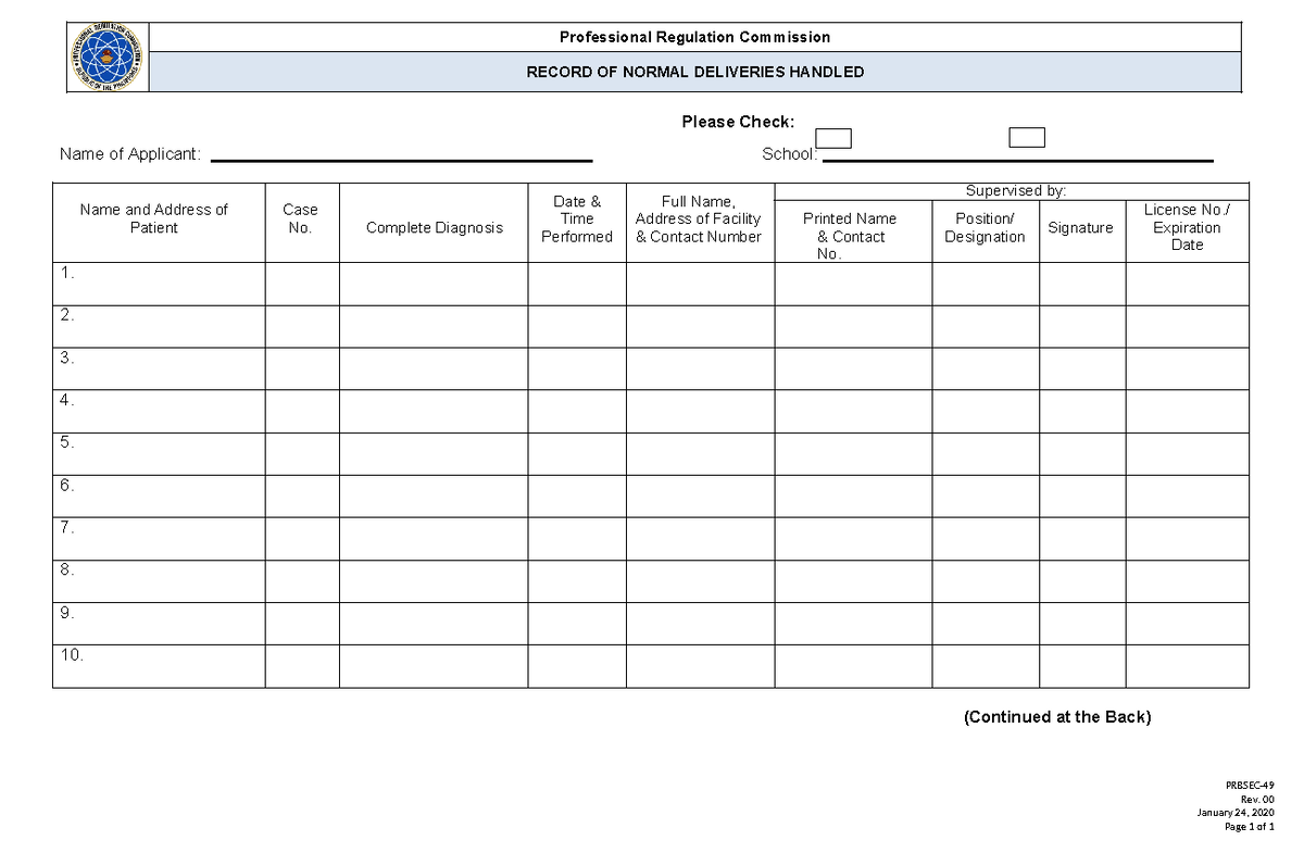 PRBSEC- Sample Form for Record of Normal Deliveries - Studocu