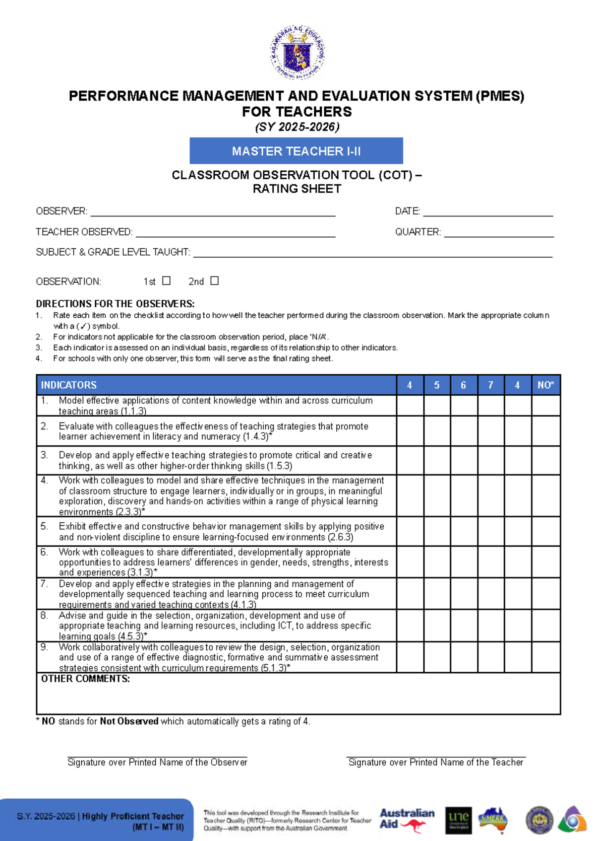 SY COT Rating Sheet for Highly Proficient Teachers (MTI-MTII) - Studocu