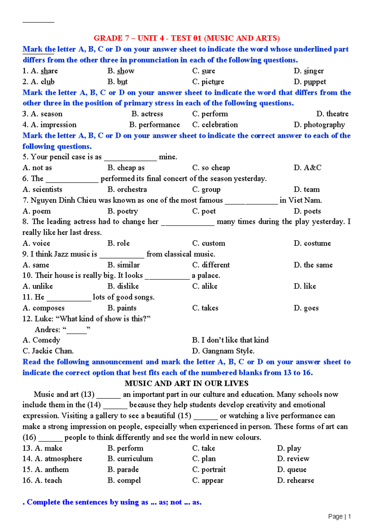 GRADE 7 UNIT 4 TEST 01 (MUSIC AND ARTS) - Practice Exercises - Studocu