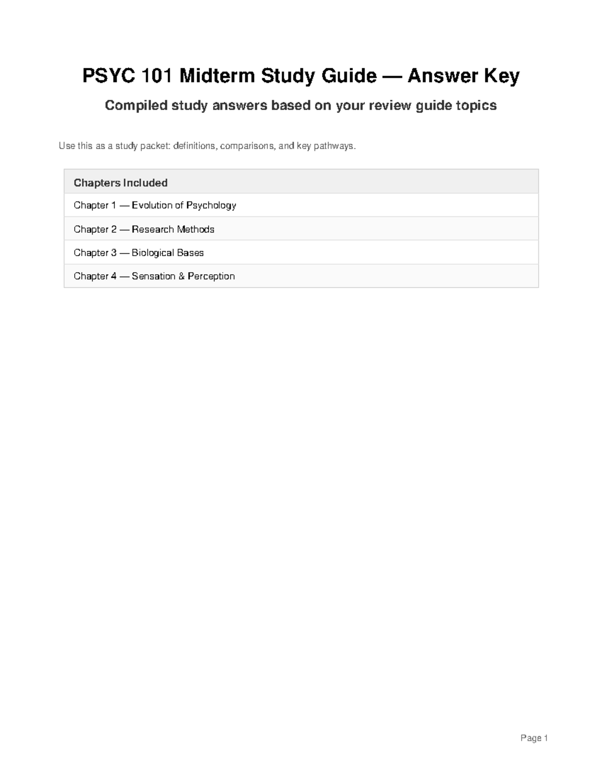 PSYC 101 Midterm Study Guide: Key Concepts and Answer Key - Studocu