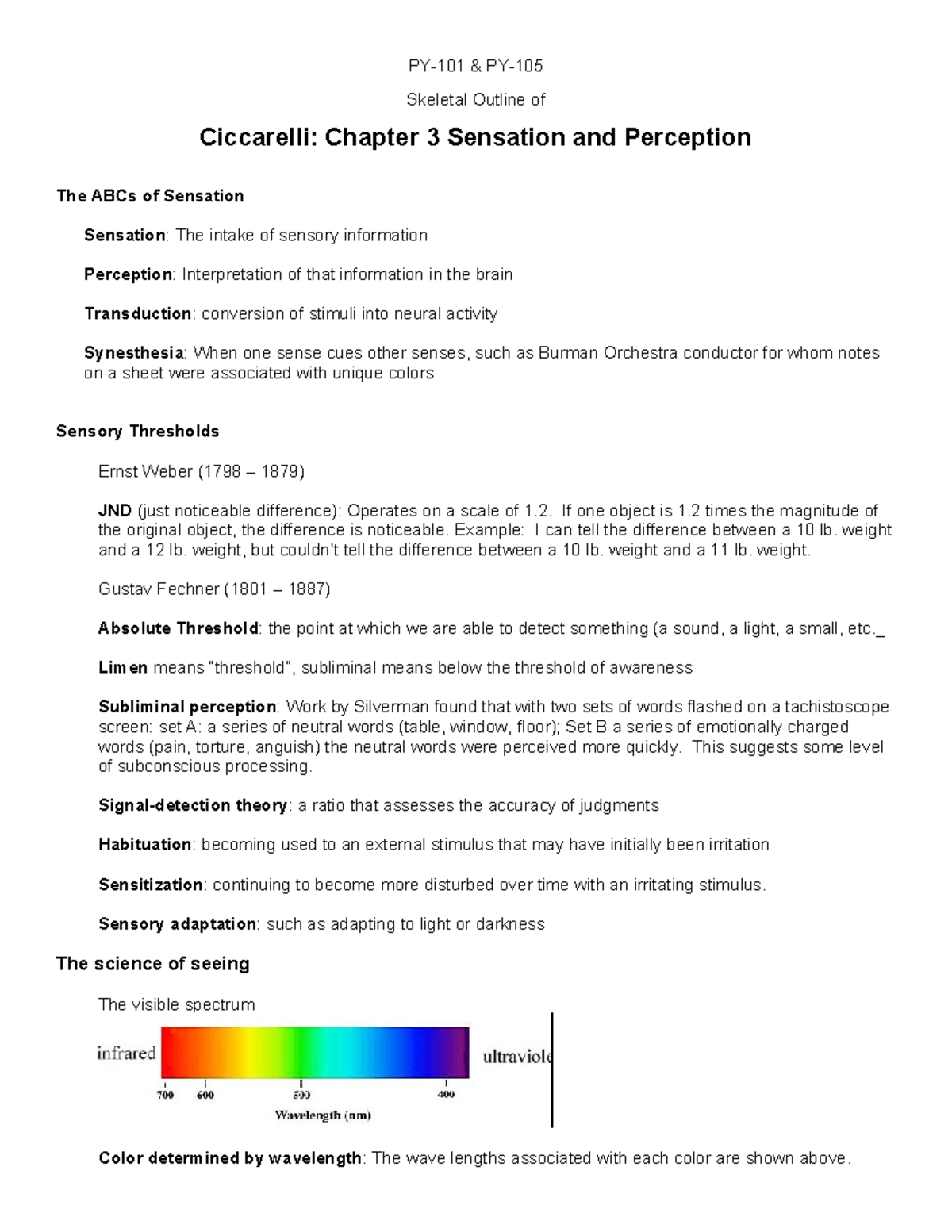 Ciccarelli PSY 101: Chapter 3 Sensation & Perception Outline - Studocu