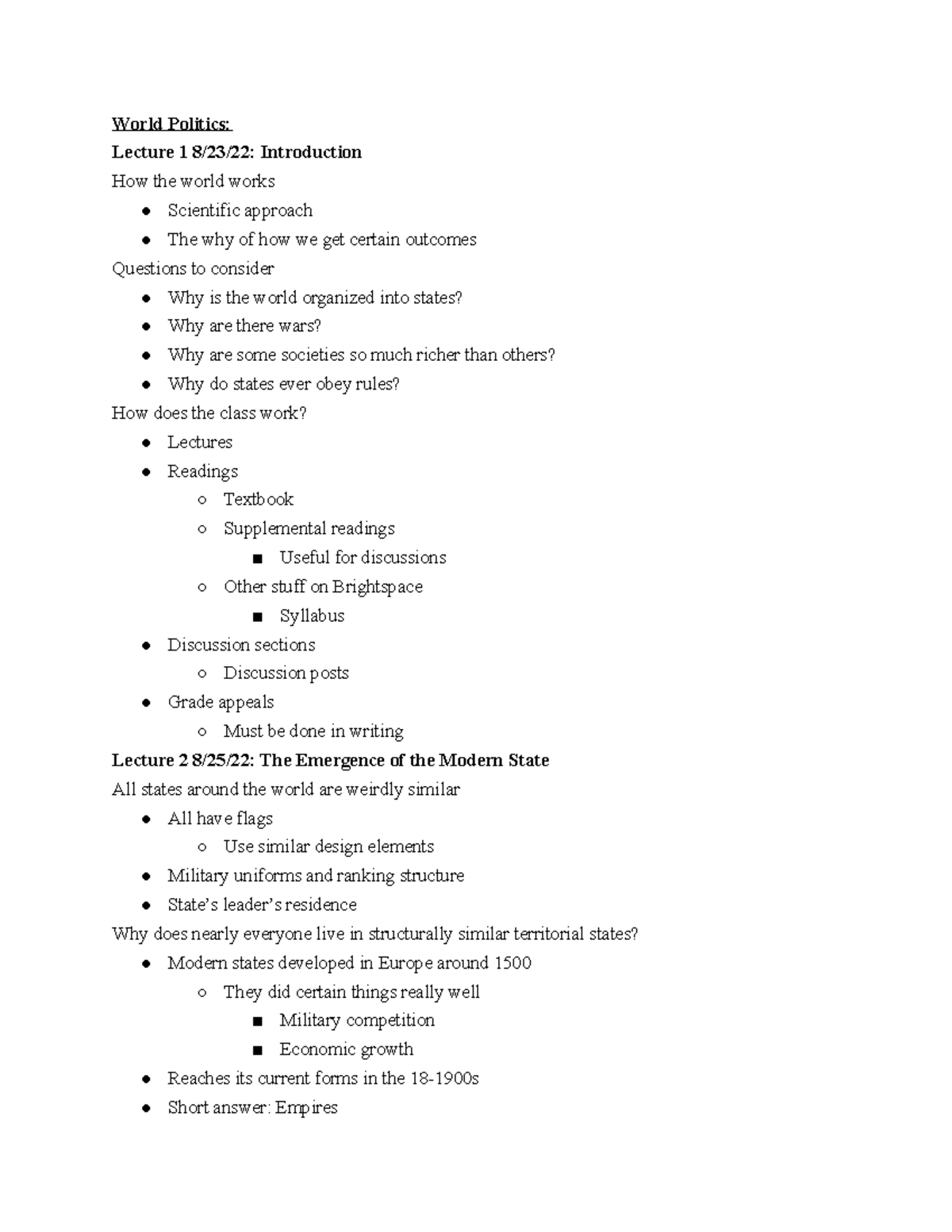 World Politics Notes - World Politics: Lecture 1 8/23/22: Introduction ...