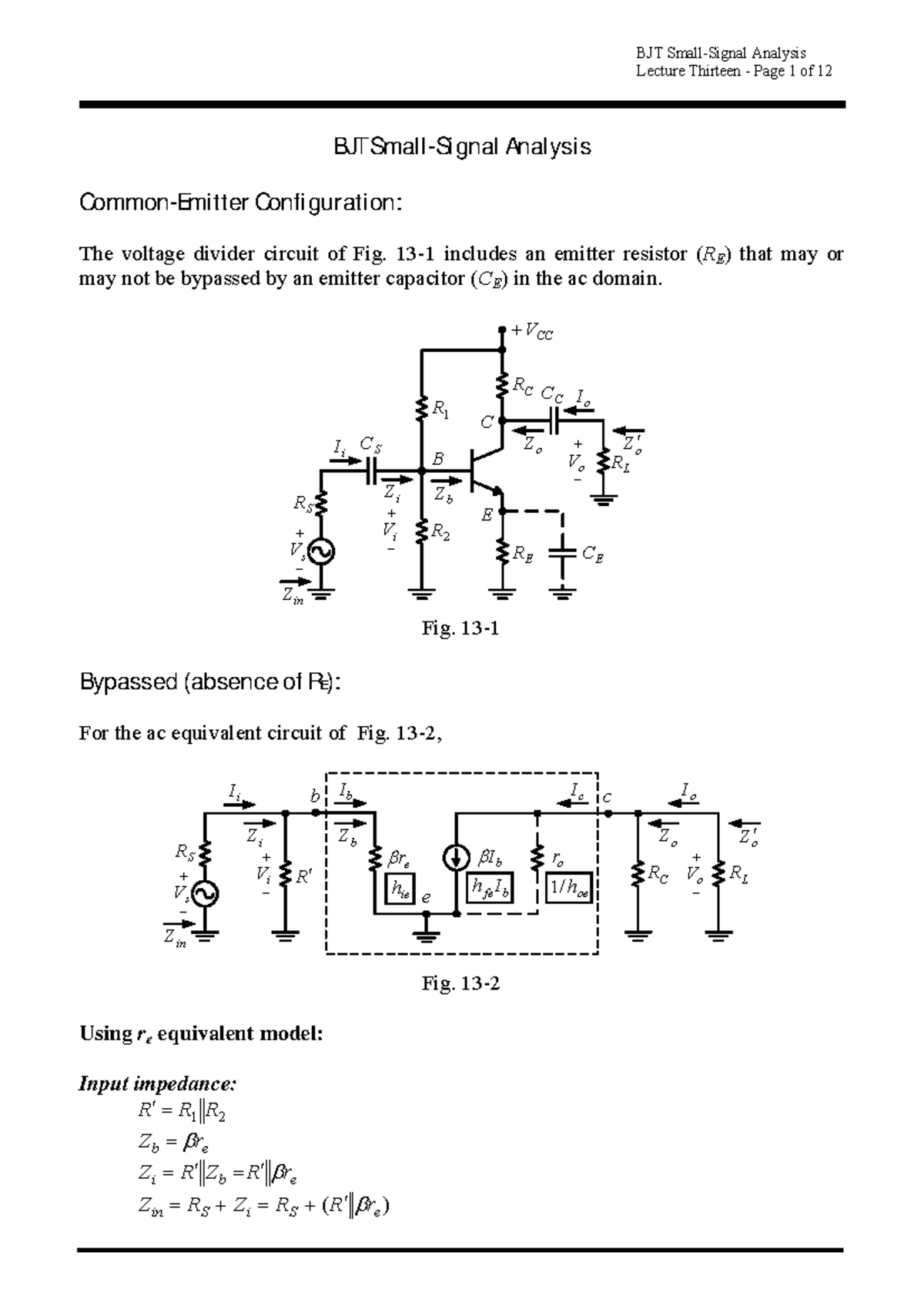 BJT Analysis Lecture 13: Small Signal Analysis Notes and Questions ...