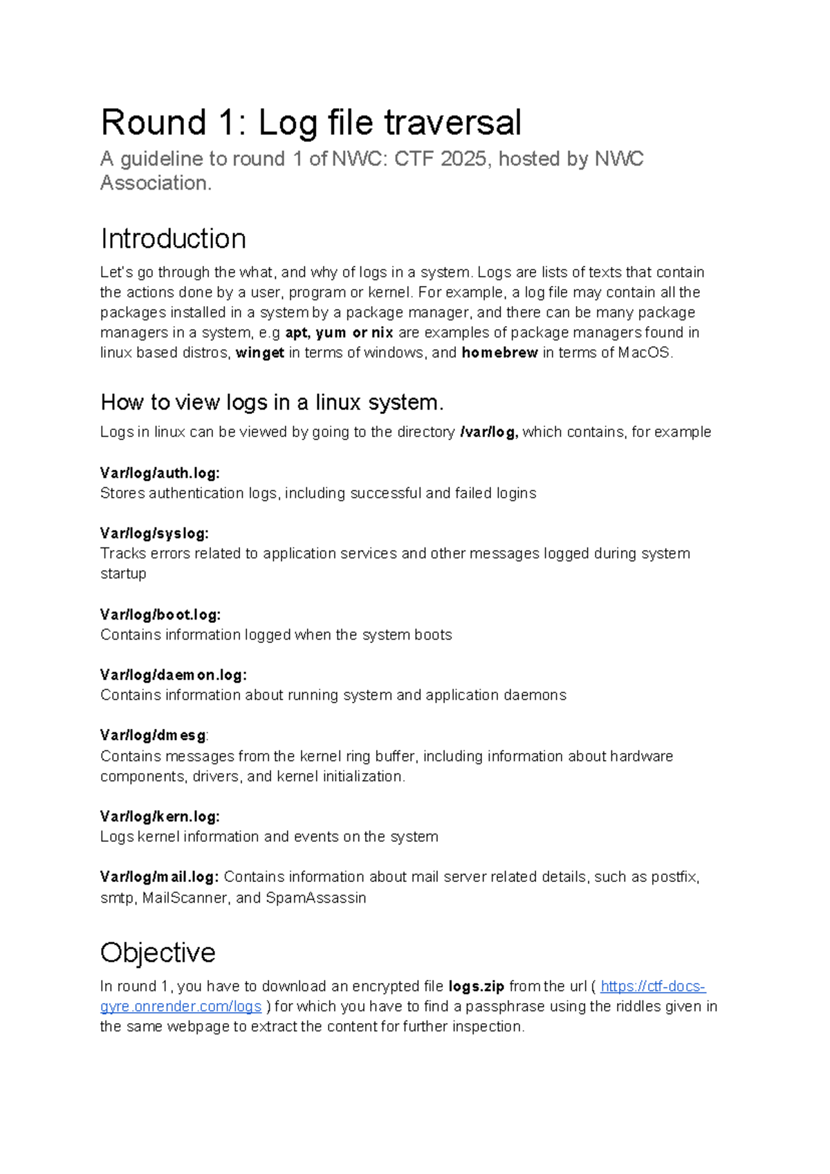 Round 1- Log file traversal ctf - Round 1: Log file traversal A ...
