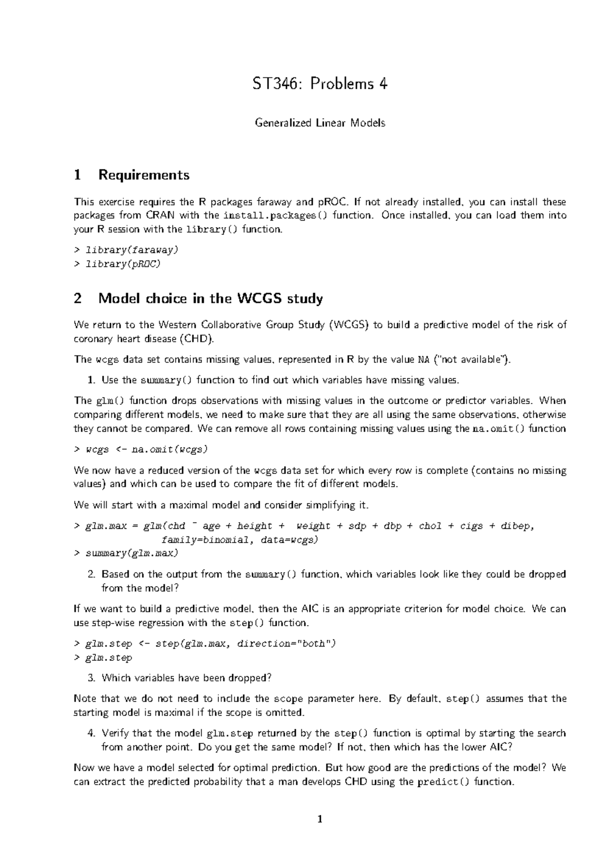 ST346: Model Choice and Evaluation in Generalized Linear Models - Studocu