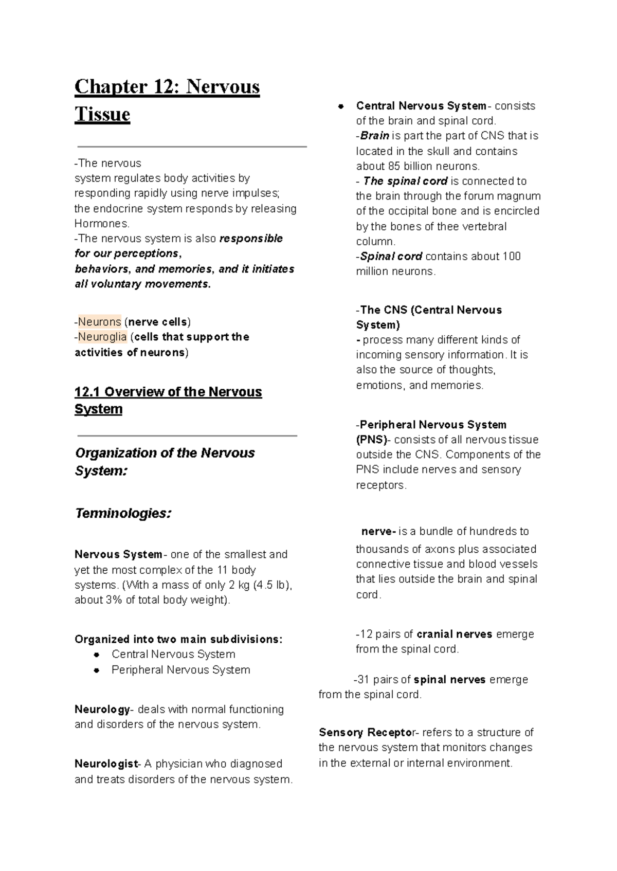Chapter 12: Overview of Nervous Tissue and Functions - Studocu
