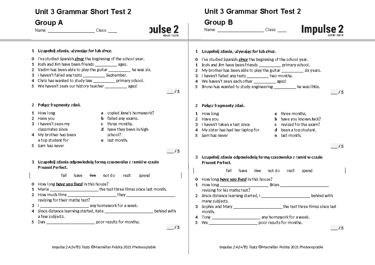 Unit 3 Grammar Short Test 2: Group A & B Review - Studocu