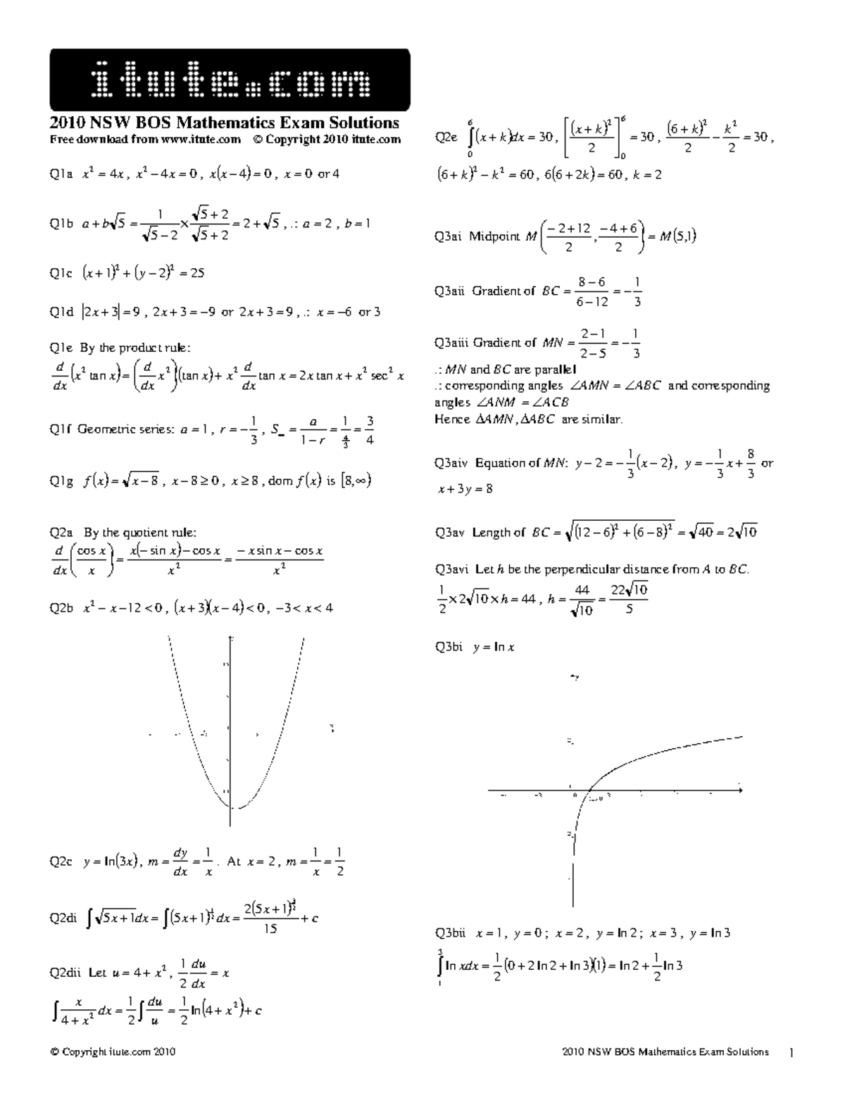 2010 NSW BOS Mathematics Exam Solutions - iTute.com - Studocu