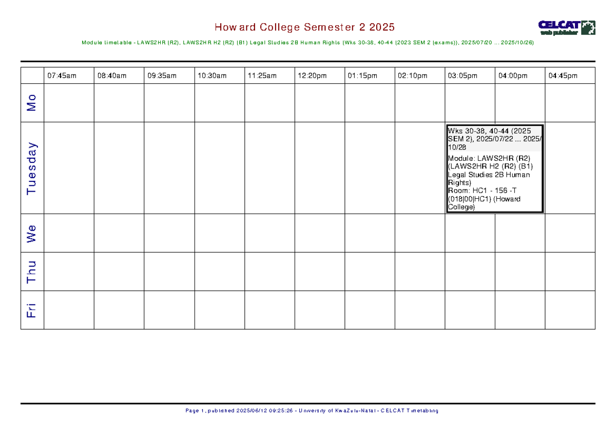 M16797 - Good - Howard College Semester 2 2025 Module timetable ...